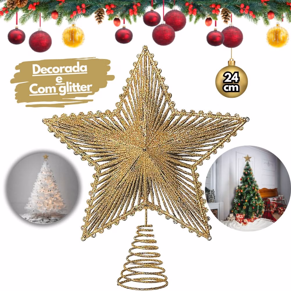 Estrela 24cm Brilhante Aramada Com Glitter Para Árvore De Natal Metalizado