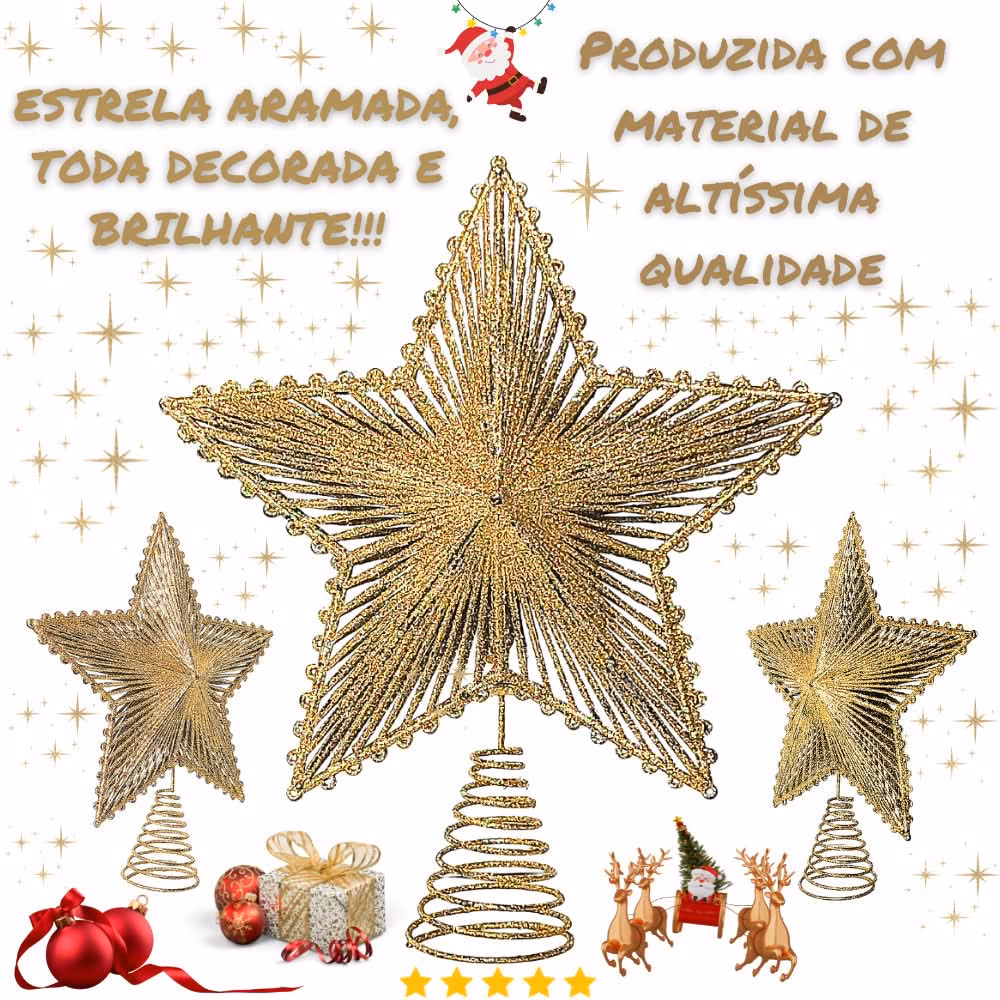 Estrela 24cm Brilhante Aramada Com Glitter Para Árvore De Natal Metalizado - Image 2