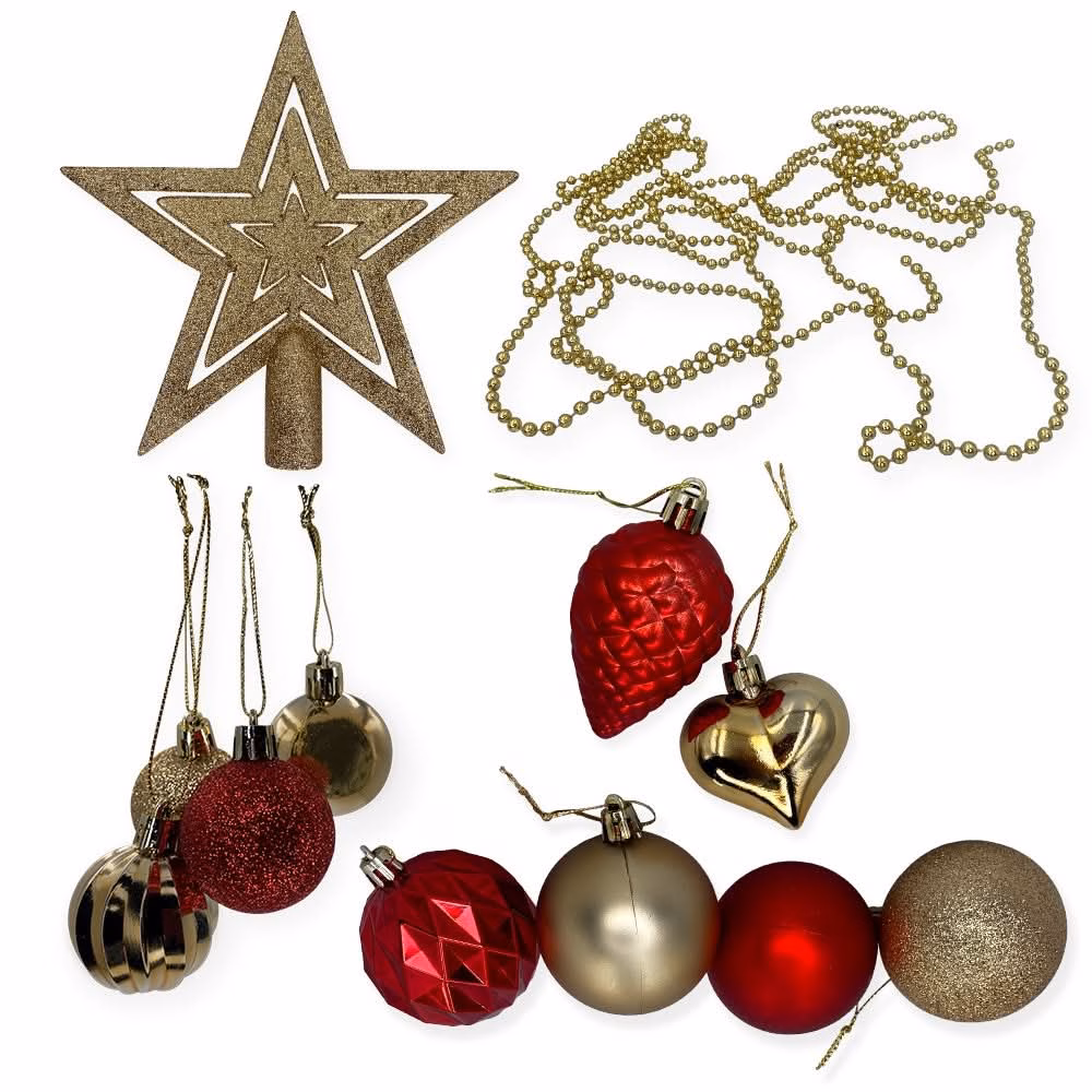 Kit Enfeites de Natal Bolas Estrela Dourado e Vermelho Completo - Image 2